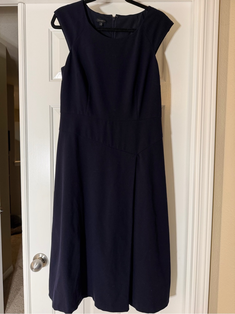 Talbots Navy Cap-Sleeve Midi Dress with Flared Skirt